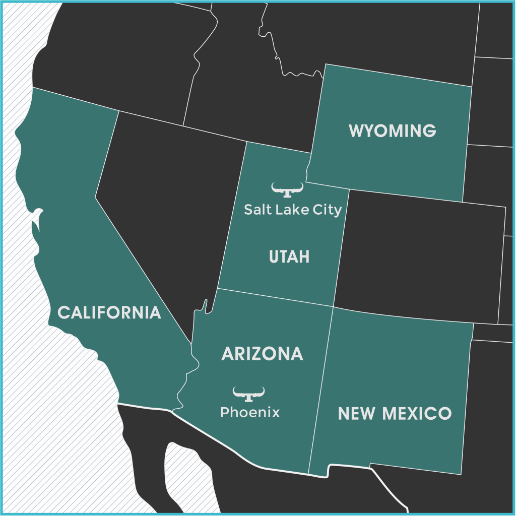 Map of trucking service area covering California, Utah, New Mexico, and Arizona