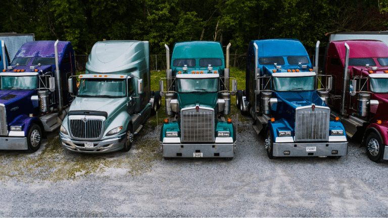 line of trucks outside